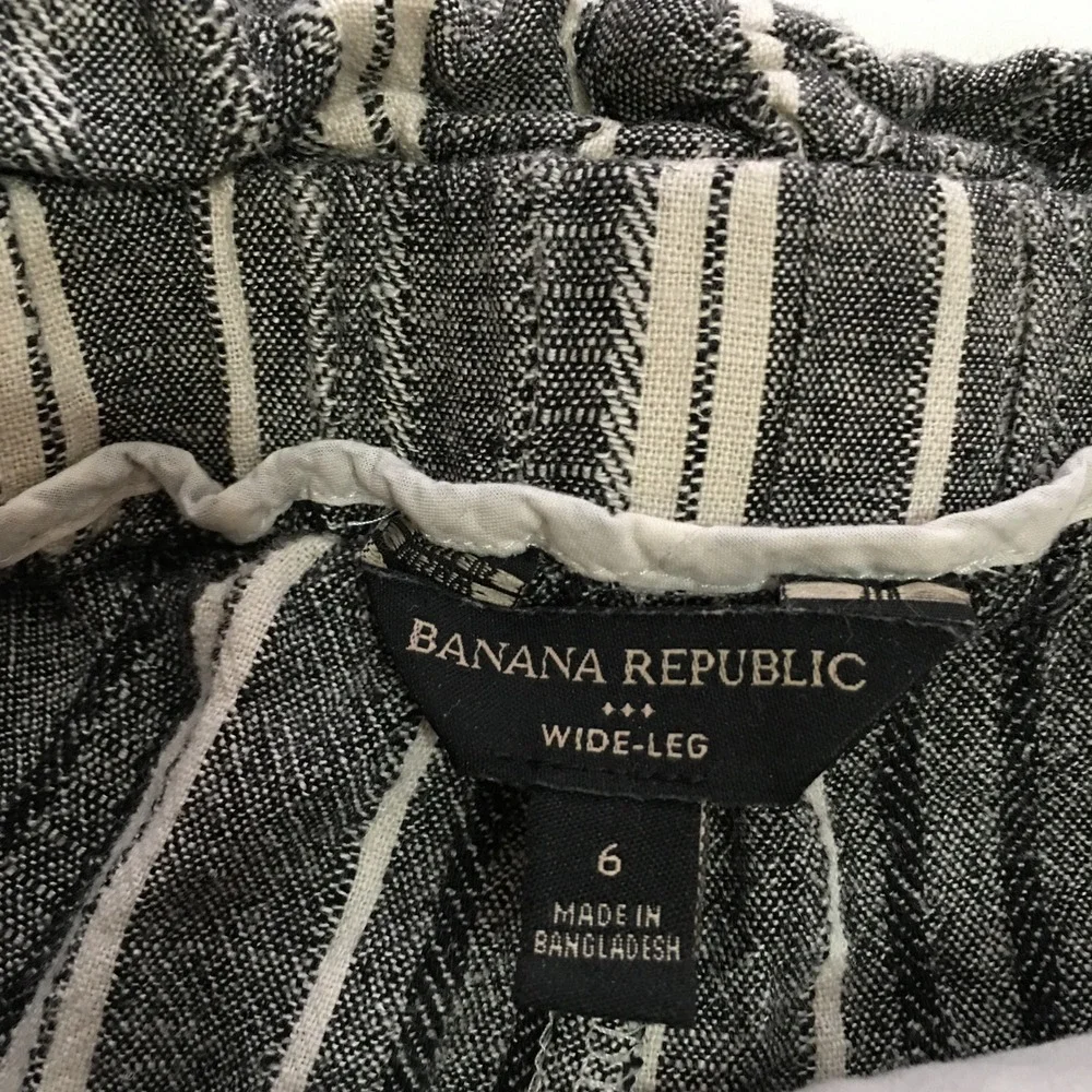 Banana Republic Wide Leg Pants Women 6 Black White Striped Linen Blend Belted